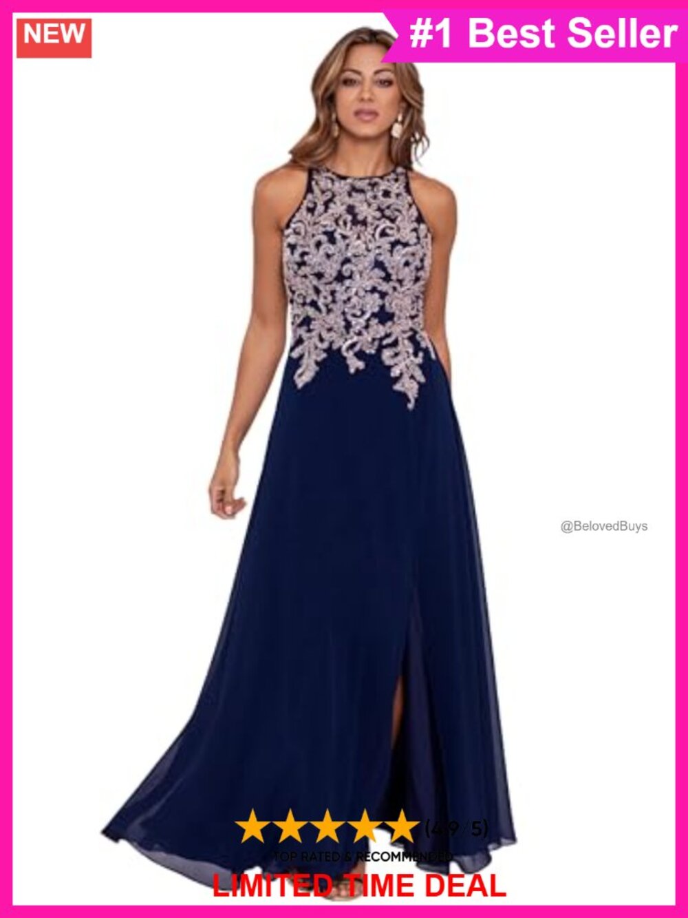 Betsy & Adam Sleeveless Halter Gown Beaded Embroidery Formal Maxi Dress
